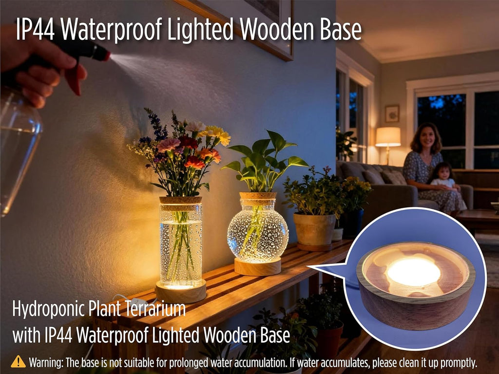 Plant Propagation Station with Lights, Glass Planter Station with Waterproof Lighted Wooden Base, Desktop Hydroponic Plants Terrarium with LED, Round Glass Planter with Light for Home & Office Decor
