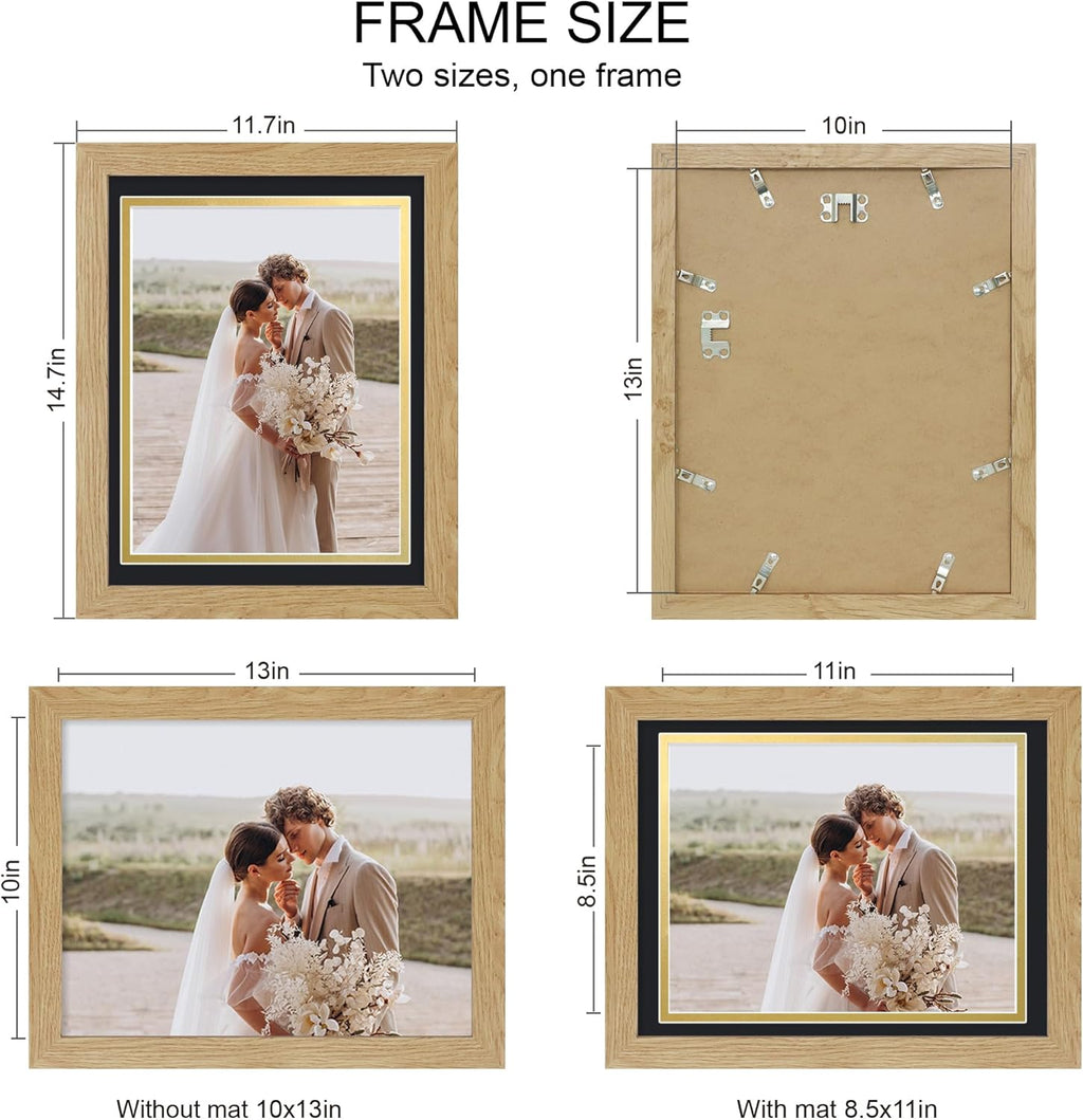 10x13 Picture Frame Set of 4, Made of Real Glass and Natural Oak Frame, 10 by 13 Photo for Wall or Tabletop - Display Picture 8.5x10 with Mat or 10x13 Without Mat