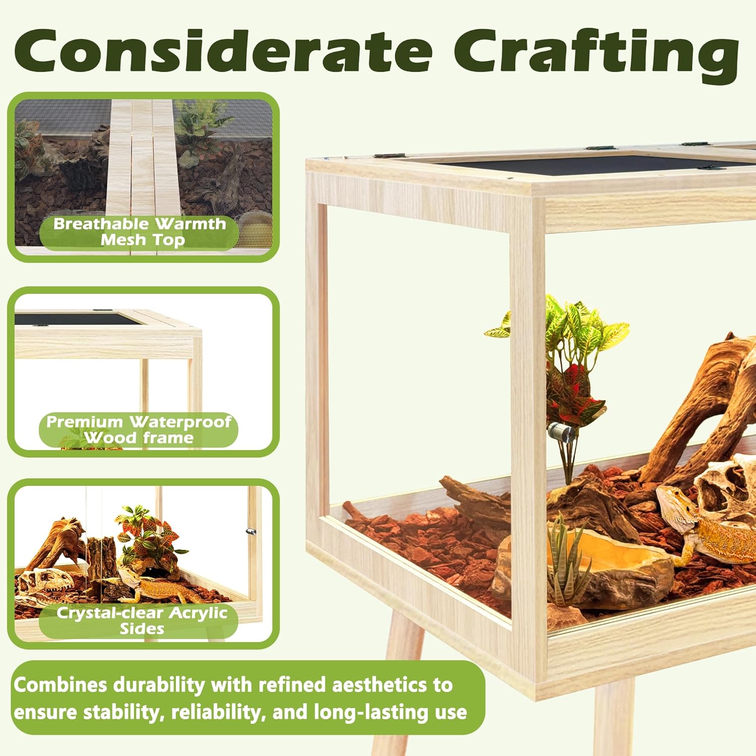 Prolee Bearded Dragon Tank with Leg Stand,Wooden Lizard Tank,Reptile Tank with Metal Mesh Roof Door, Acrylic Panel Snake Tank with Lock Design (Oak, 32"x16"x16")