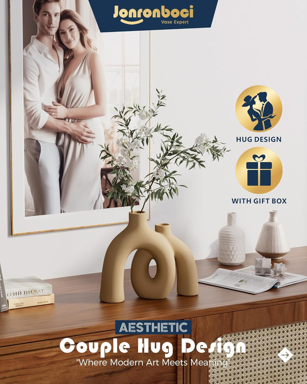 Hug Donut Decorative Vase Set - Tan Modern Rustic Farmhouse Style Vases Home Decor,Matte Ceramic Decorations for Living Room Shelf, Bookshelf Mantle Entryway Table Centerpiece or Console Décor(Brown)