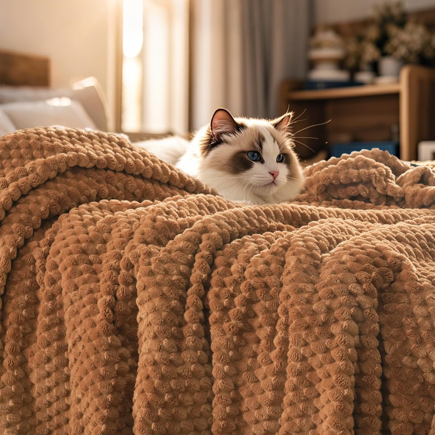 PHF Ultra Soft Flannel Fleece Blanket King Size, Lightweight 3D Jacquard Fleece Blanket, No Shedding, No Pilling, Luxury 340GSM Aesthetic Fluffy Cozy for Bed Room Decor, 108"x90", Terracotta