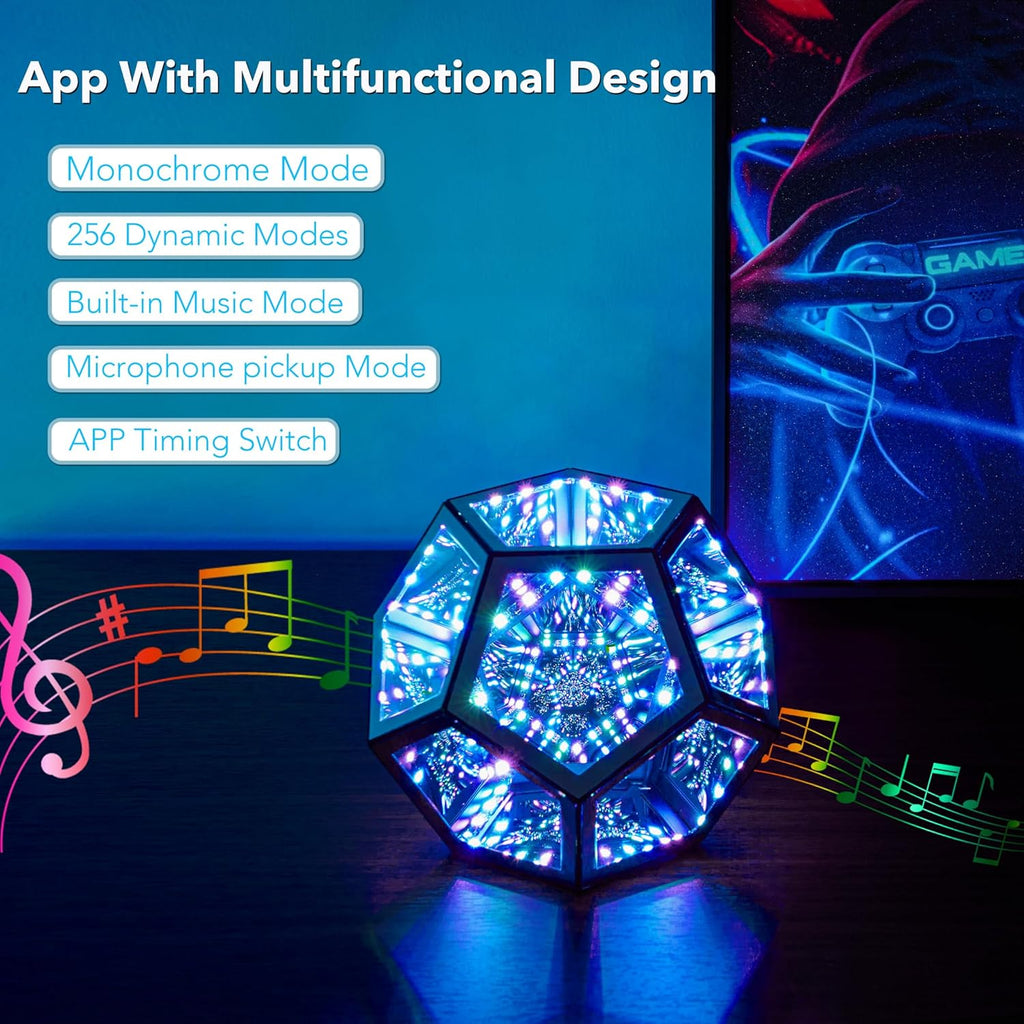 Infinity Dodecahedron Gaming Light, Cool RGBW Led Desk Table Lamp Light for Bedroom Gaming Room Decor, Unique Colorful Mood Changing Ambient Night Lighting lamp Adult Men Birthday Gift