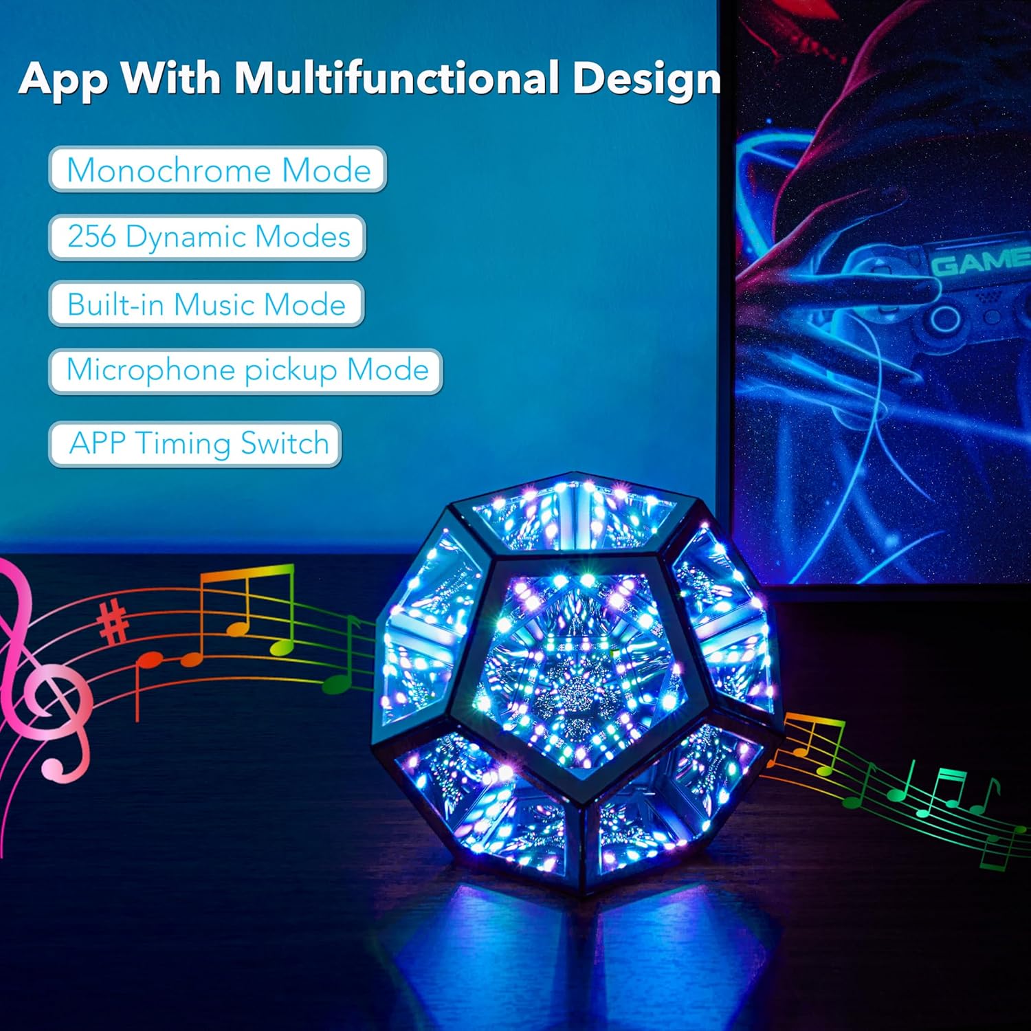 Infinity Dodecahedron Gaming Light, Cool RGBW Led Desk Table Lamp Light for Bedroom Gaming Room Decor, Unique Colorful Mood Changing Ambient Night Lighting lamp Adult Men Birthday Gift