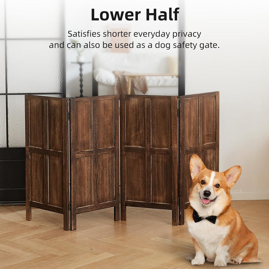 Wood 4 Panel Room Divider, 5.6Ft Detachable Folding Privacy Screen for Room Separation, 33.5" 2in1 Removable Short Wall Divider Screen for Home Office, Bedroom, Dog Gate for Isolate Dog-Brown