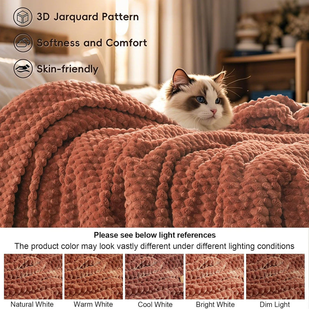 PHF Ultra Soft Flannel Fleece Blanket King Size, Lightweight 3D Jacquard Fleece Blanket, No Shedding, No Pilling, Luxury 340GSM Aesthetic Fluffy Cozy for Bed Room Decor, 108"x90", Burnt Umber
