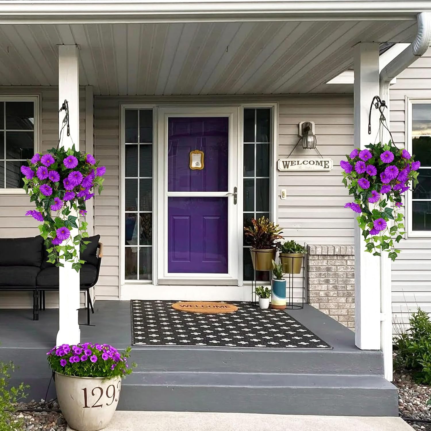 RECUTMS Artificial Fake Hanging Flowers Plants for Outdoor Decoration, 2 Pcs UV Resistant Faux Petunias Trailing Plants Realistic Flower Look Real for Door Wall Yard Porch Garden Planter (Fuchsia)