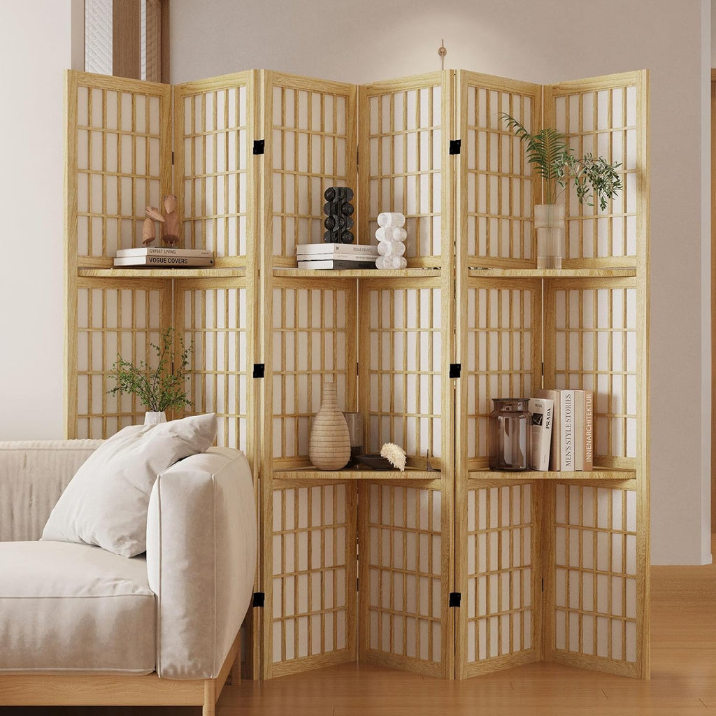Room Divider with Shelves, 66.9-Inch Tall Japanese Shoji Style Wood Screen with Double Hinges for Home Office Bedroom Hotel Decoration (6 Panels, Natural)