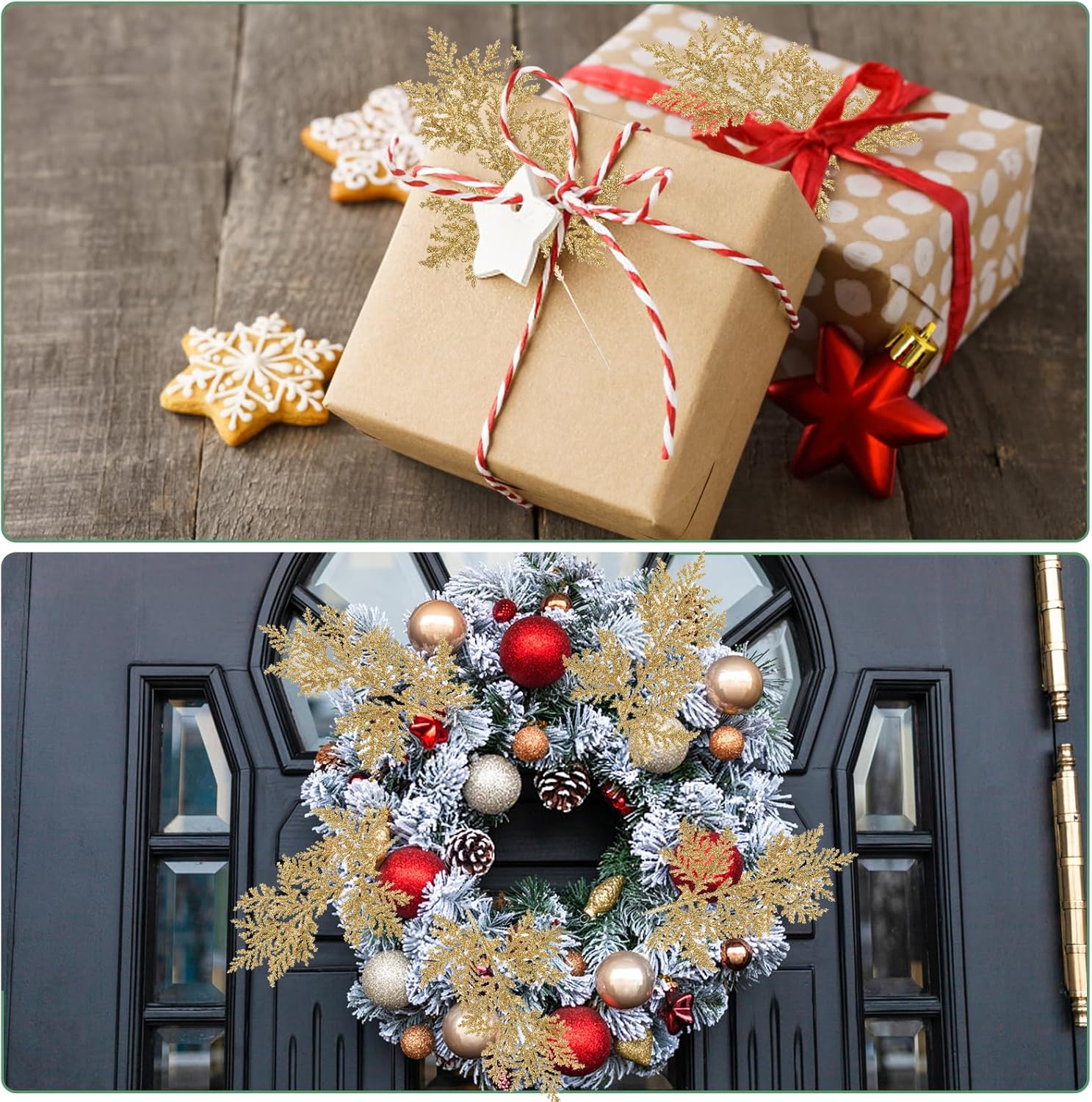 KIMOBER 20PCS Christmas Artificial Pine Needles,Glitter Golden Fake Floral Spray Picks Branches Twig for Xmas Tree Wreath Wedding Bouquet Decoration
