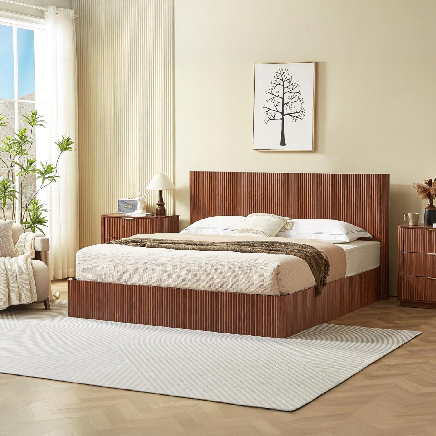 KEIKI King Size Wood Platform Bed Bedframe with Lift Up Hydraulic Storage,Corrugated Curved Lines Design for Bedroom Adult