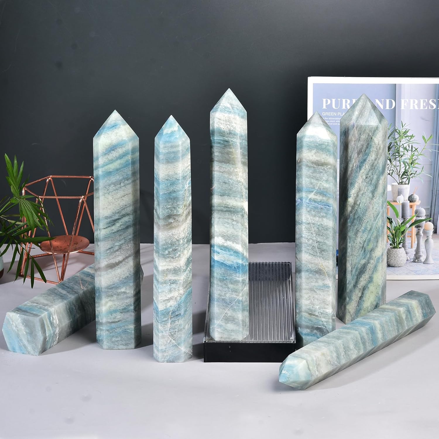 JIC Gem Large Trolleite Obelisk Tower Points Healing Crystal Wand 6 Faceted Blue Quartz Crystals Tower Wand Home Decor Reiki Healing 2.6-3.0 Lbs