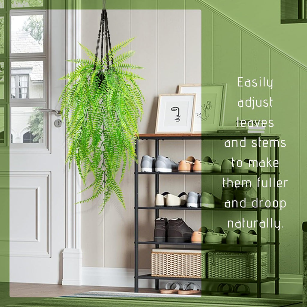 Small Artificial Hanging Plant for Shelf Fake Plant Potted Boston Ferns Faux Trailing Leaves Plant for Indoor Outdoor Aesthetic Office Living Room Shelf Decor (Black Pot)