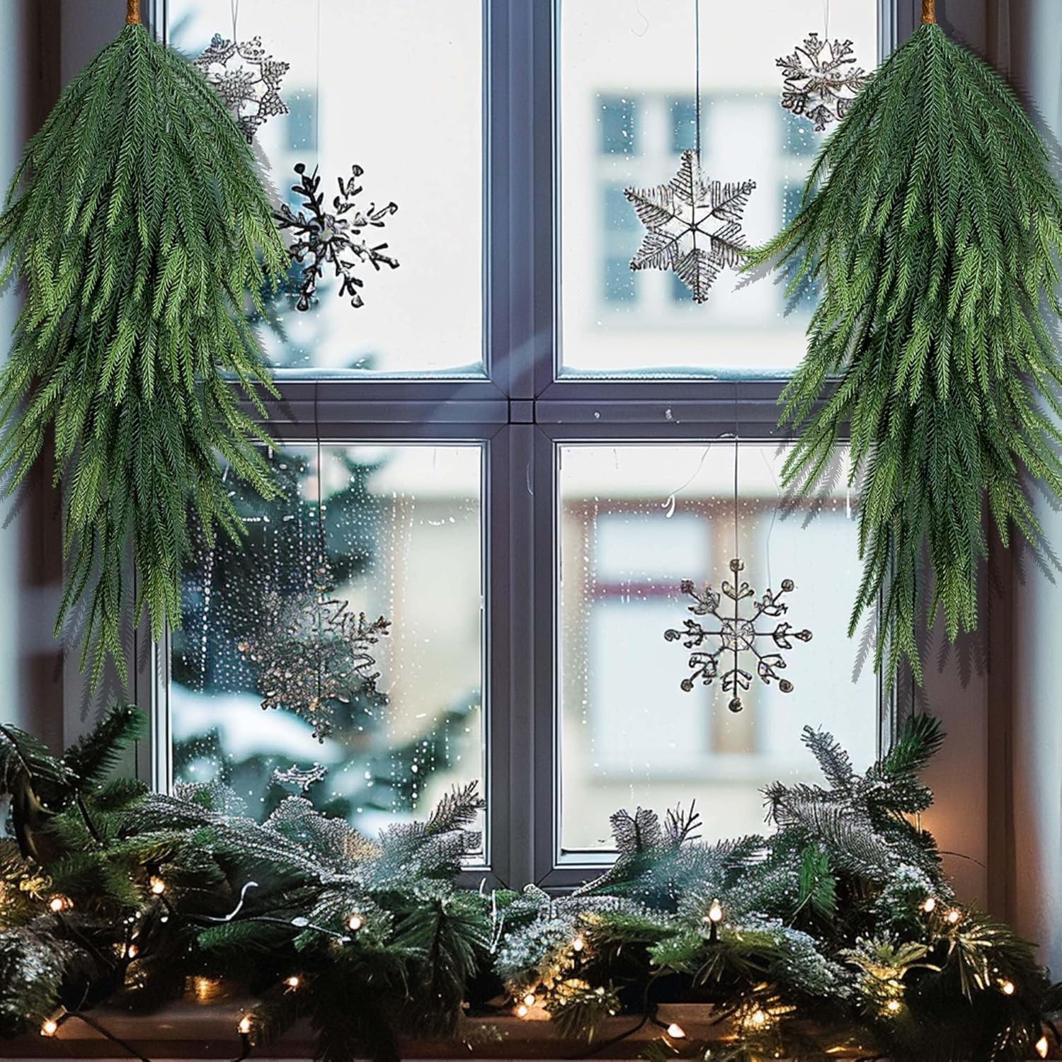 2 Pcs Artificial Christmas Teardrop Swag, 28" Faux Pine Needles Teardrop Door Swag, Christmas Norfolk Greenery Teardrop Wreath for Xmas Holiday Door Table Mantle Fireplace Indoor Outdoor Decor