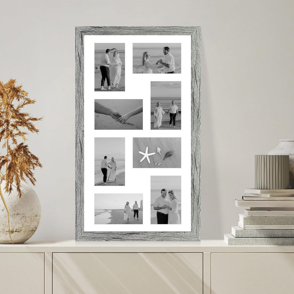 12x22 Picture Frame Set of 2, Grey with Glass Collage Frame, Display Eight Opening 4x6 Photos With Mat or 12 x 22 Newspaper Without Mat - Horizontal or Vertical Wall Mounting