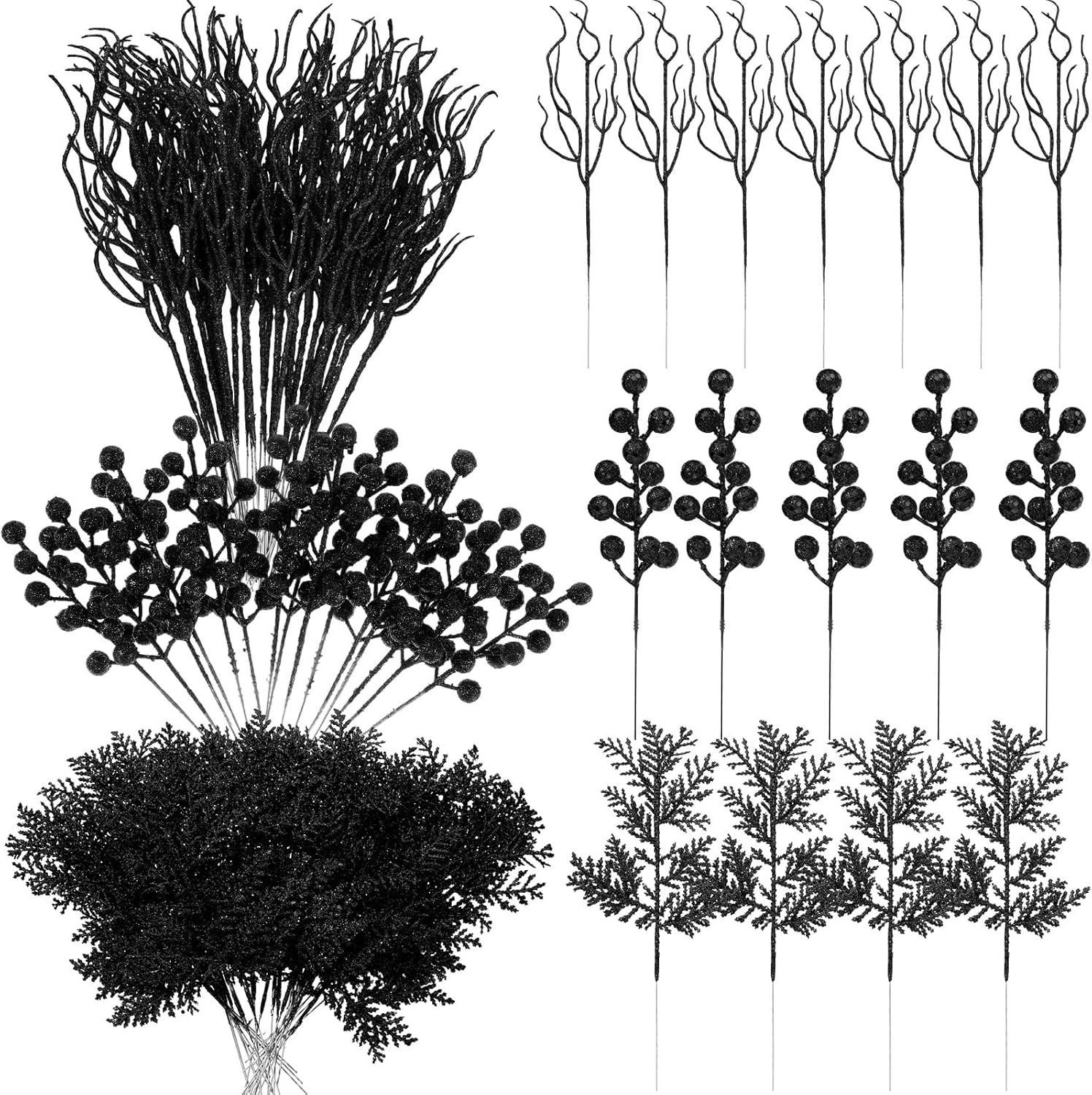 75 Pcs Christmas Glitter Branches 3 Styles Artificial Christmas Picks Berries Stems Pine Needles Floral Twig Spray for Xmas Tree Ornaments DIY Wreath Garland(Black)
