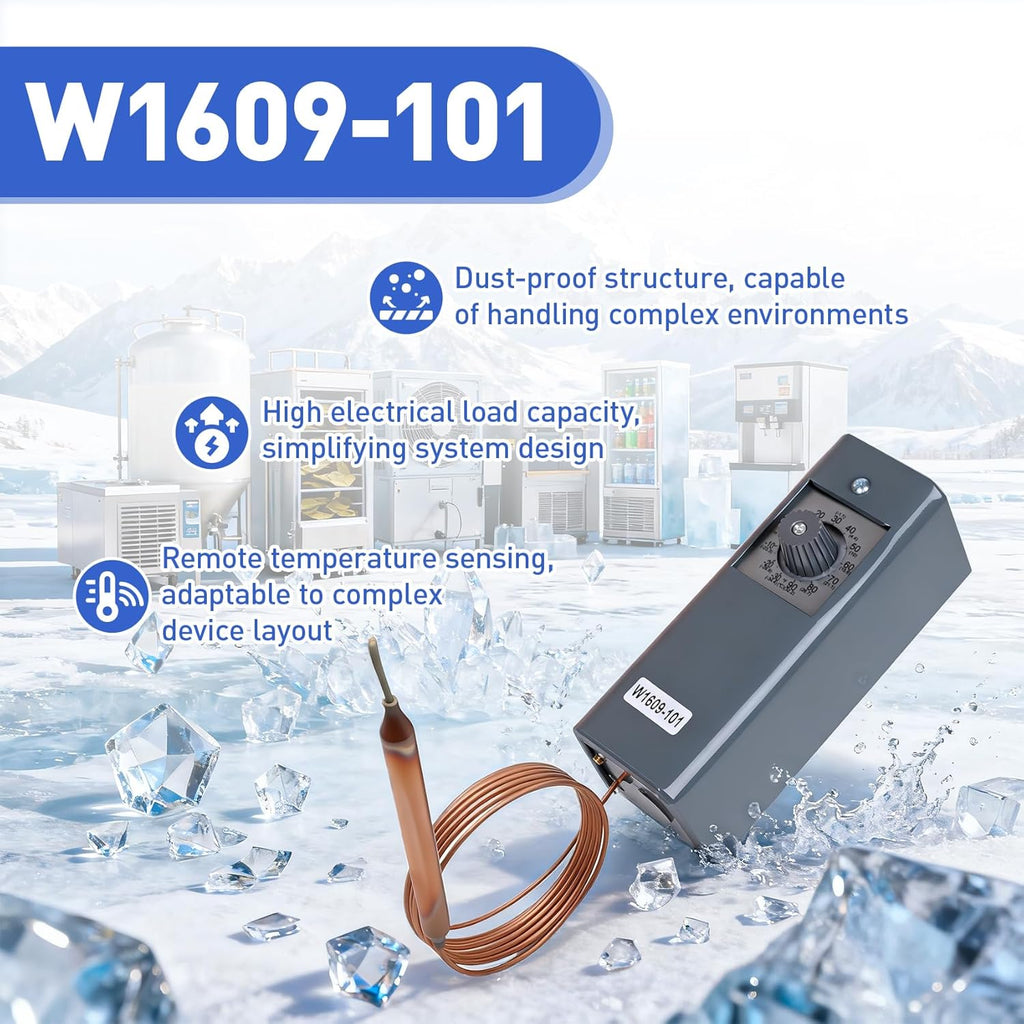 W1609-101 Refrigeration Thermostat Temperature Controller Remote Control Bulb TH-1609, 5FT Capillary Length, -30 to +90 Degrees Fahrenheit, -34 to +32 Degrees Celsius, °C and °F Dual Temperature dial