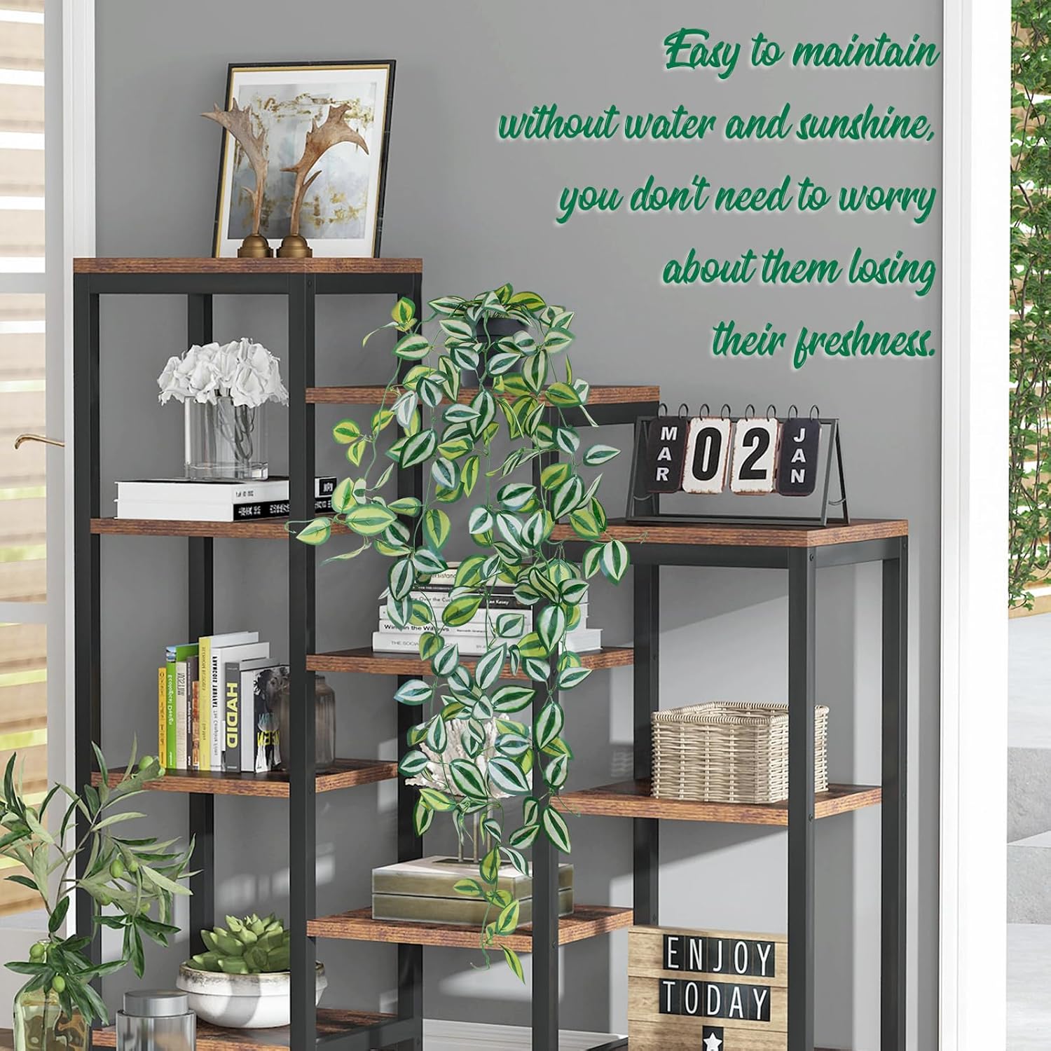 LOYWREE Fake Hanging Plants - Small Potted Plants with Green Eyebrow-Leaf Trailing Vines, Indoor Outdoor Aesthetic Decor for Office, Living Room Shelf & Home Accent (Black Pot)