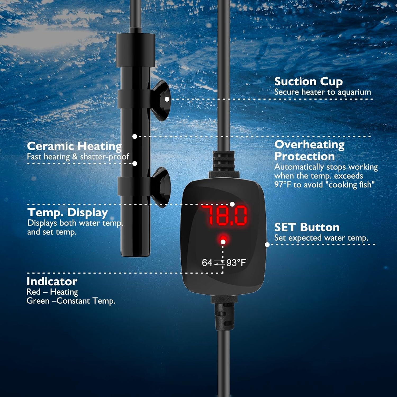 Super Mini Aquarium Heater 15W Alumina Ceramic Betta Heater Adjustable Submersible Fish Heater Small Fish Tank Heater Turtle Heater with Digital Display Thermostat, for 1-3 Gallon Tanks