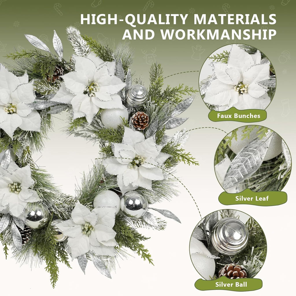 Christmas Wreath Artificial Wreath with White/Silver Balls, White Poinsettias and Silver Leaves Multi-Element Decoration for Indoor & Outdoor Doors, Corridors and Fireplaces