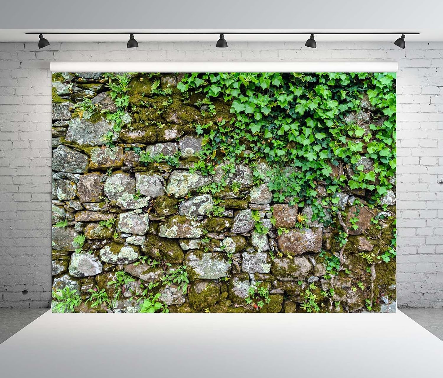 BELECO 17x10ft Fabric Brick Stone Wall Backdrop Ancient Rock Wall with Green Ivy Leaves Rock Stones Textured Background Vintage Stone Wall Party Decorations Banner Photoshoot Props