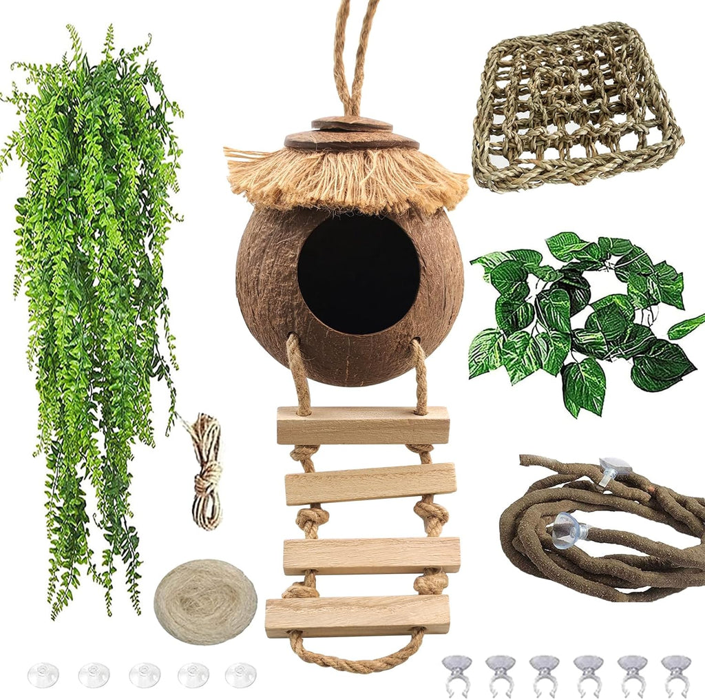 Crested Gecko Tank Accessories Coconut Hide with Ladder,Leopard Gecko Coconut Hut Hideout Hanging Lizard Seagrass Hammock Dragon Cage Lounger Jungle Vine Flexible Leaves Reptile Tank Decor