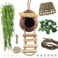 Crested Gecko Tank Accessories Coconut Hide with Ladder,Leopard Gecko Coconut Hut Hideout Hanging Lizard Seagrass Hammock Dragon Cage Lounger Jungle Vine Flexible Leaves Reptile Tank Decor