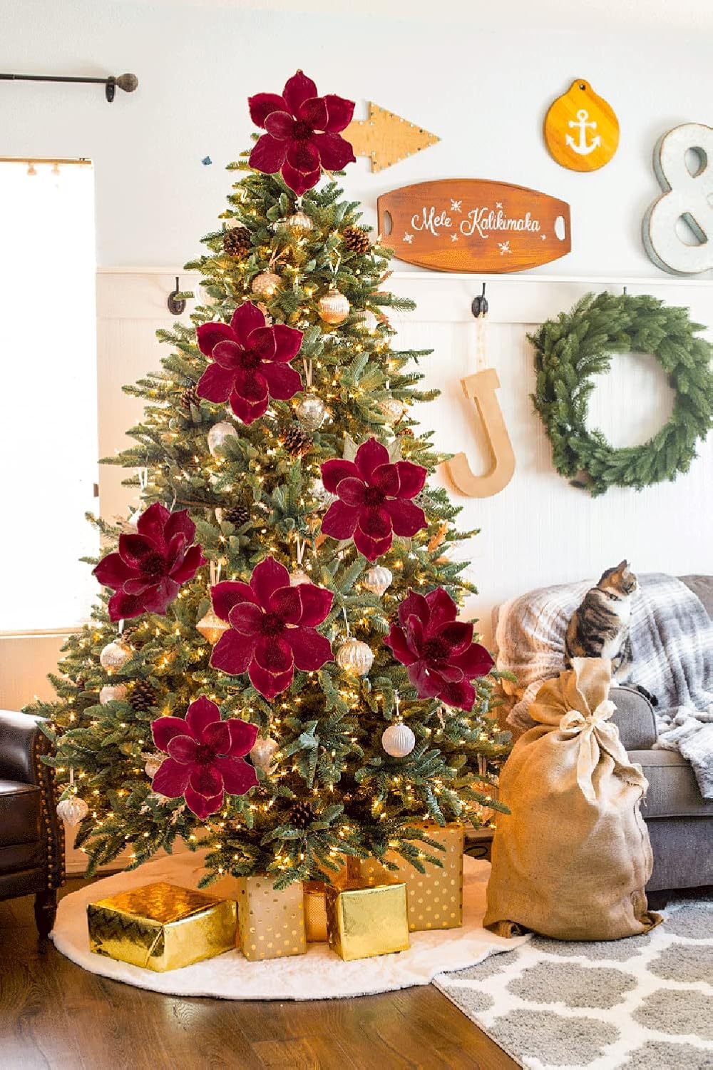 Briful 10’’ Large Heads Christmas Glitter Magnolia Flowers Christmas Tree Ornaments Set of 3 Giant Artificial Flowers with Long Stems for Xmas Tree Holiday Decorations, Red