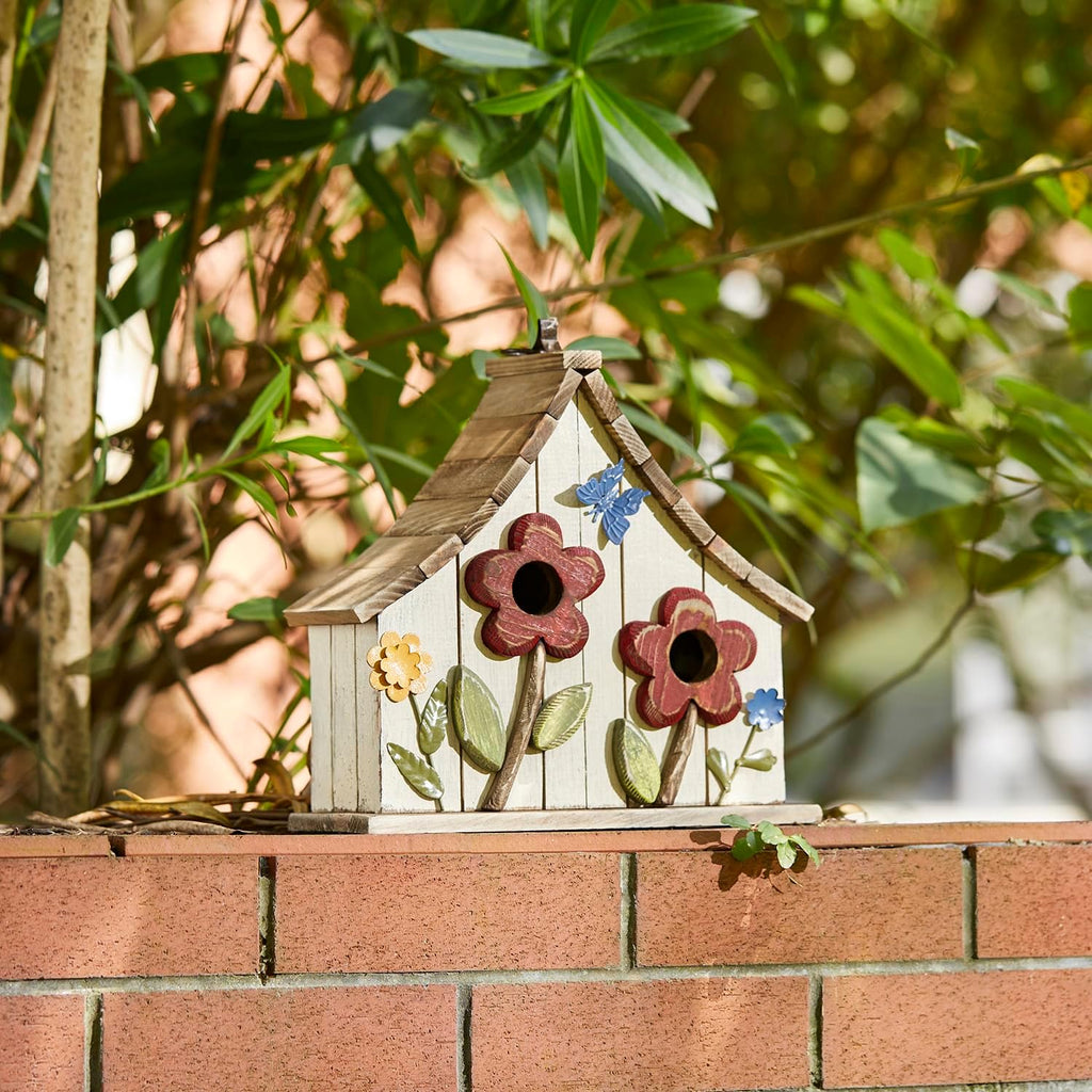 Glitzhome 10.75" L Distressed Solid Wood Hanging Birdhouse with 3D Flowers Rustic Two-Story Townhouse Hand-Painted Garden Bird Houses for Outdoors,Washed White