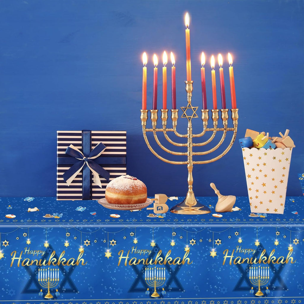 3Pcs Hanukkah Tablecloth Rectangle Plastic Jewish Chanukah Party Table Cover Hanukkah Theme Decorations for Jewish Festival Holiday Party Supplies 54x108 inch