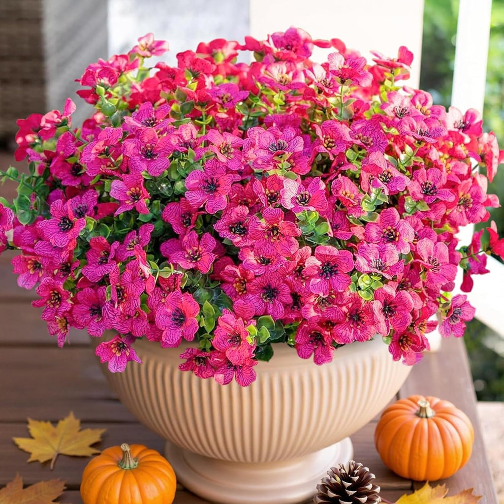 HyeFlora Artificial Flowers for Outdoor Indoor Garden Home Decoration, Faux Flower Daisy with Eucalyptus Leaves Fake Plants Greenery Boxwood Porch Patio, 12 Bundles (Rose Red)