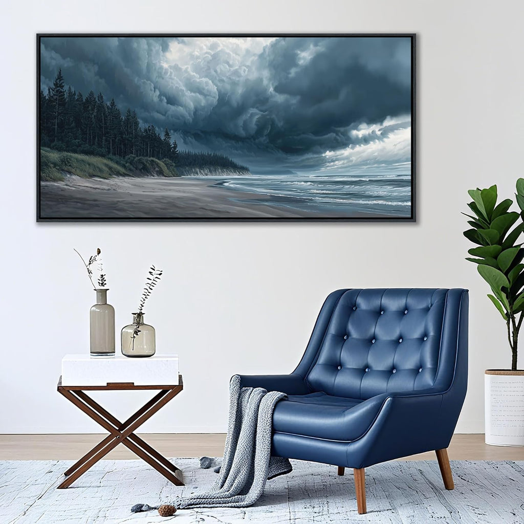 Large Wall Art Beach Canvas Decor Ocean Painting Navy Blue Picture Artwork Modern Seascape Storm Forest Decoration Framed for Living Room Bedroom Home Office Decor Size 24x48 Inches