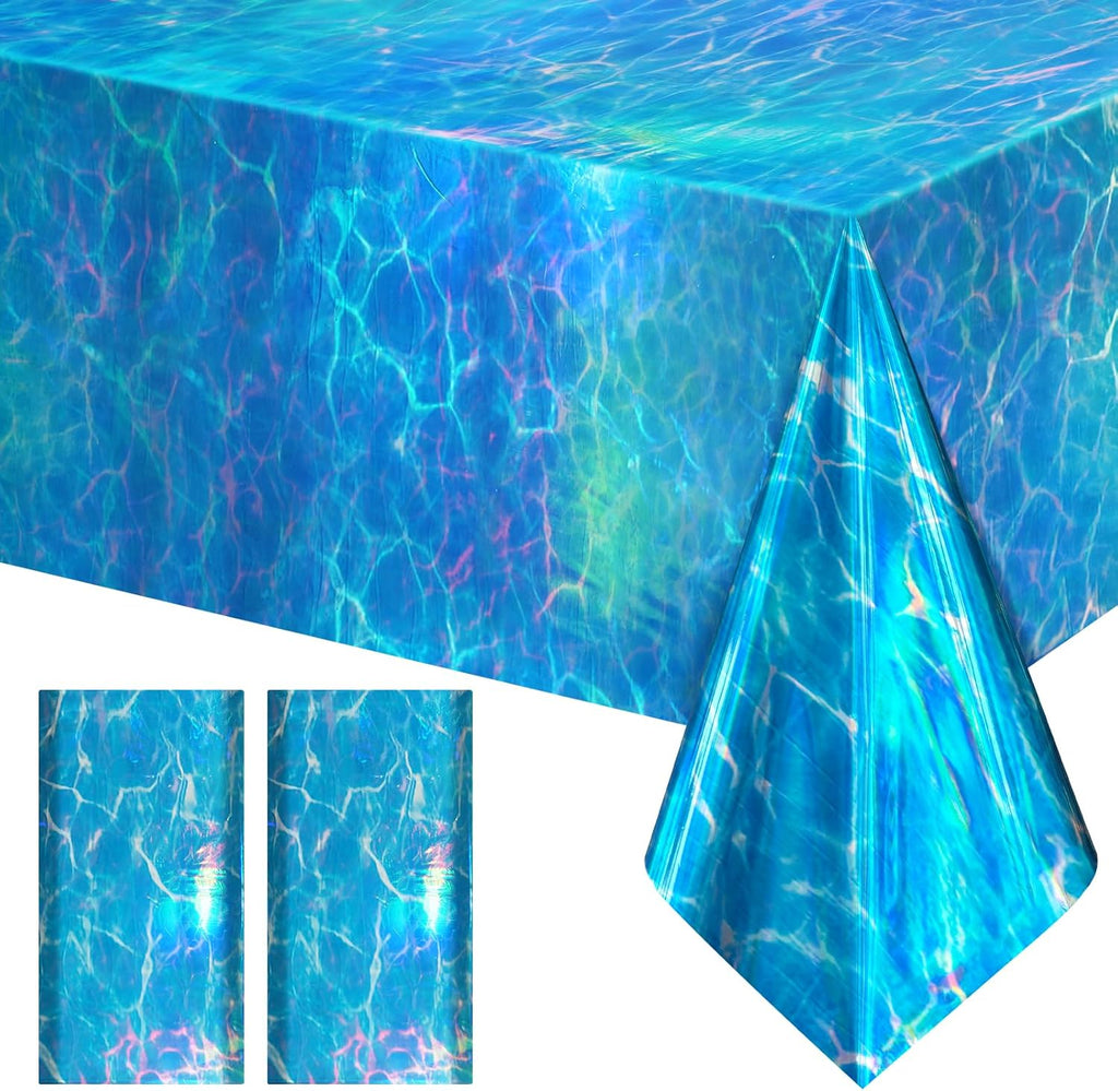 2 Pack Ocean Waves Holography Tablecloth, 54 x 108” Blue Sea Design, Waterproof Disposable Plastic Table Cover for Beach, Pool, Under The Sea, and Birthday Party Decorations