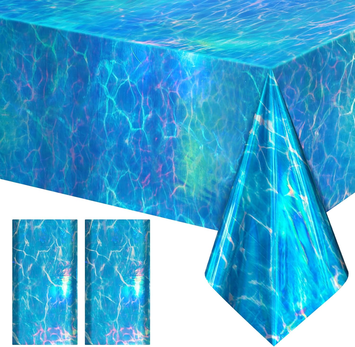 2 Pack Ocean Waves Holography Tablecloth, 54 x 108” Blue Sea Design, Waterproof Disposable Plastic Table Cover for Beach, Pool, Under The Sea, and Birthday Party Decorations