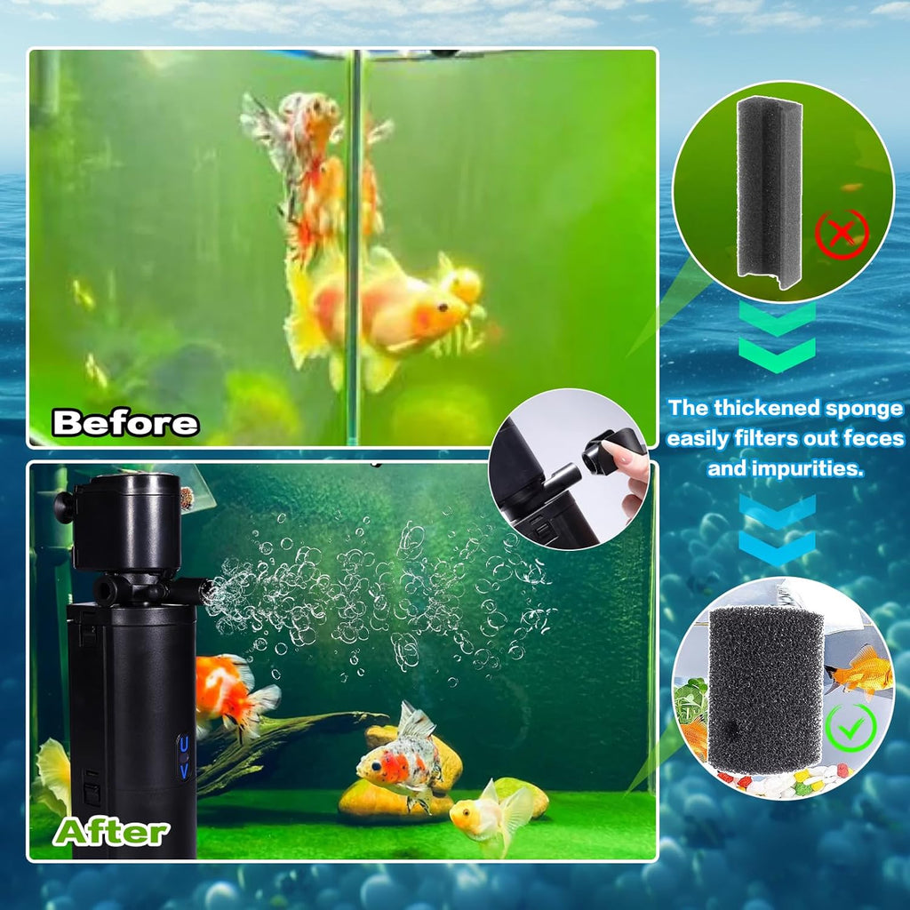 Dual-Chamber U-V Aquarium Filter, 4-in-1 Submersible Fish Tank Filter for 20-75 Gal Turtle Tanks, Ultra-Silent Green Clean Machine with Filtration, Wave Making & Oxygenation