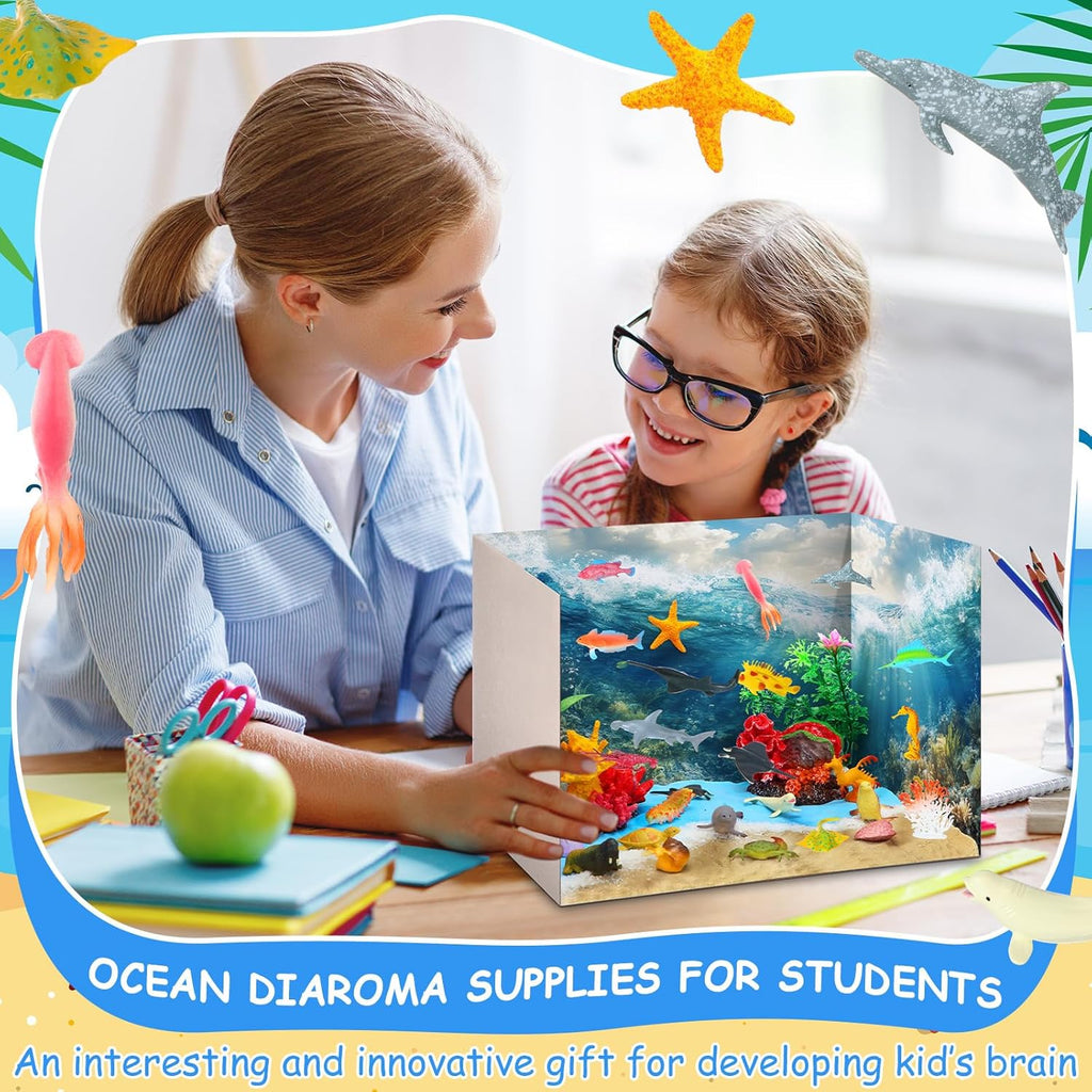 Ocean Diorama Kit Habitat Project Supplies Under The Sea Animals Figures Small Shark Fish Figures Artificial Coral Seagrass with Gift Box for Gifts Birthday Party Decorations