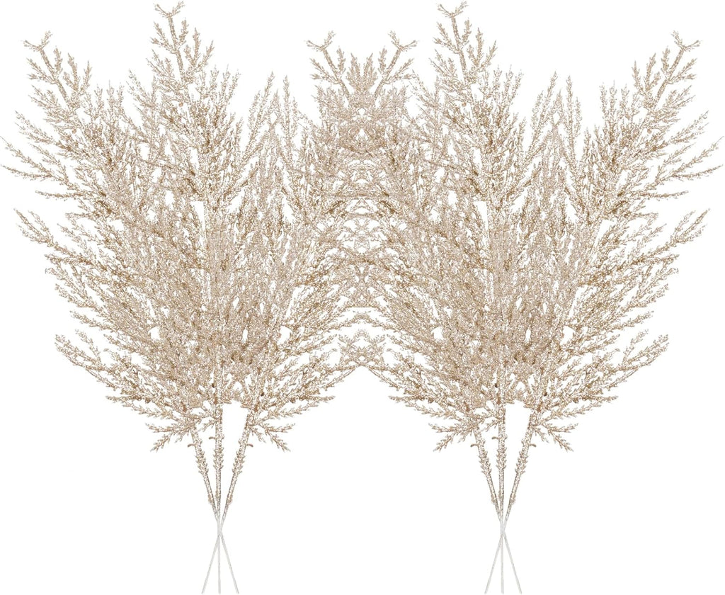 Christmas Glitter Stems 24pcs Artificial Pine Tree Picks for Christmas Tree Ornaments fillers, DIY Xmas Wreath, Crafts, Garland, Holiday, Party, Wedding and Home Decoration (Champagne Gold)