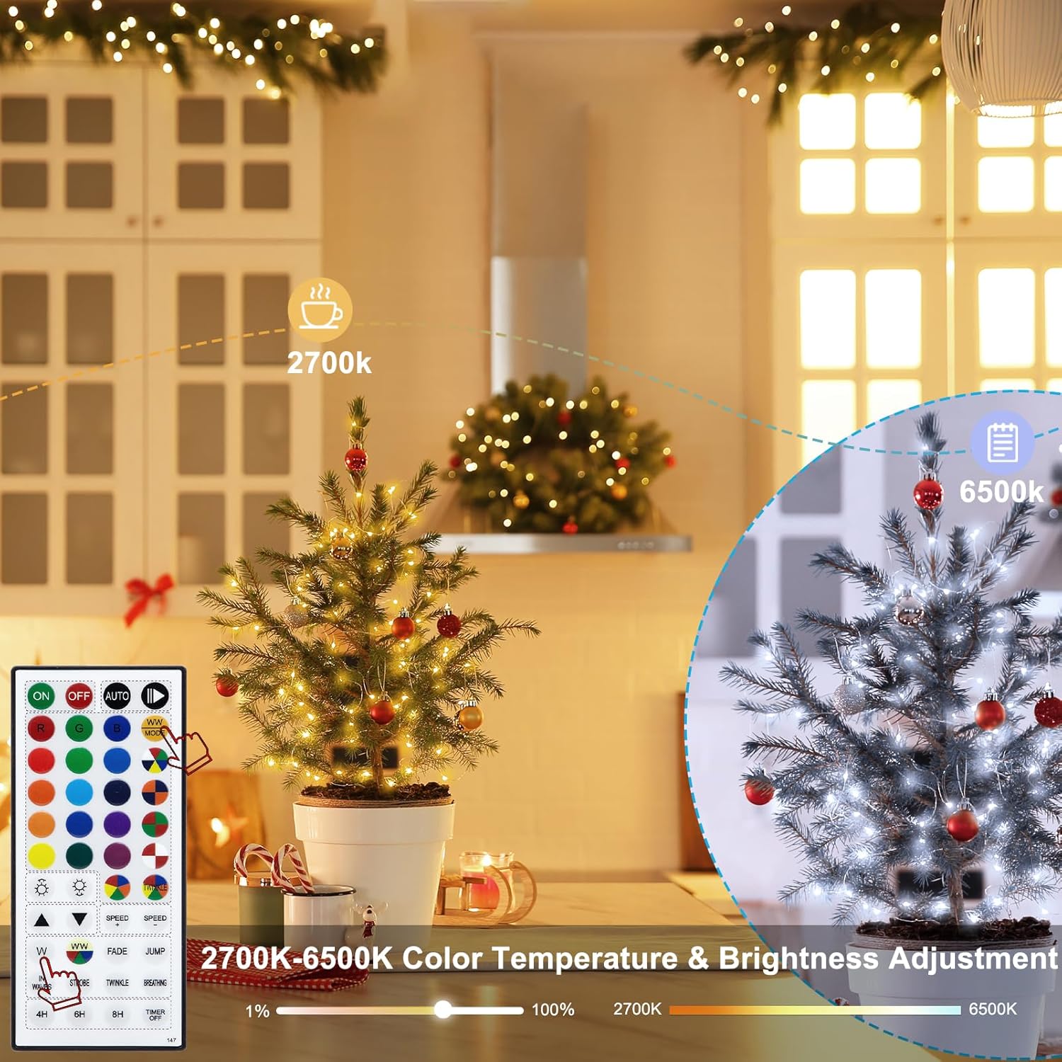 2 Pack Fairy Lights Battery Operated, 66Ft 200 LED RGB Color Changing & 2700K Warm White Twinkle Lights with 150 Scence Modes Silver Wire Mini Light for Bedroom Garden Wedding Decor