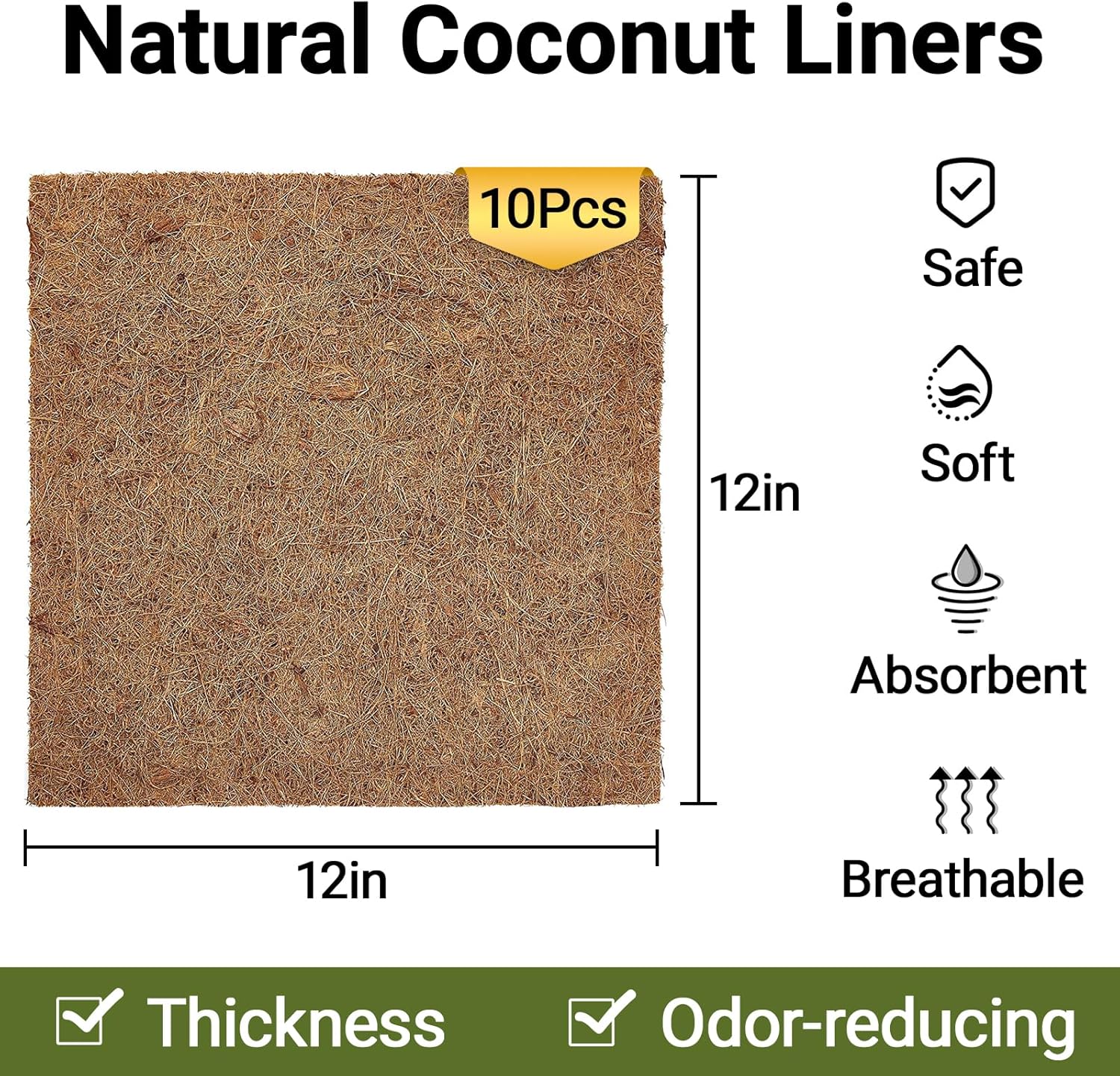 ZeeDix 10 Pcs Reptile Carpet, 12X12 inch Natural Coconut Fiber Liner Mat Flooring Accessories for Reptile Tank - Bearded Dragon Tortoise Lizard Turtle Snake Leopard Gecko Substrate Bedding