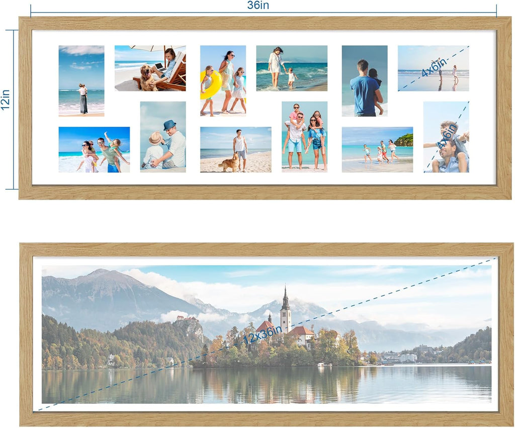 12x36 Picture Frame 2 Packs, Real Glass and Natural Oak Wood Frame, Display Collage Pictures Twelve 4x6 With Mat or Pennant 12 x 36 Without Mat - Horizontal or Vertical Wall Mounting