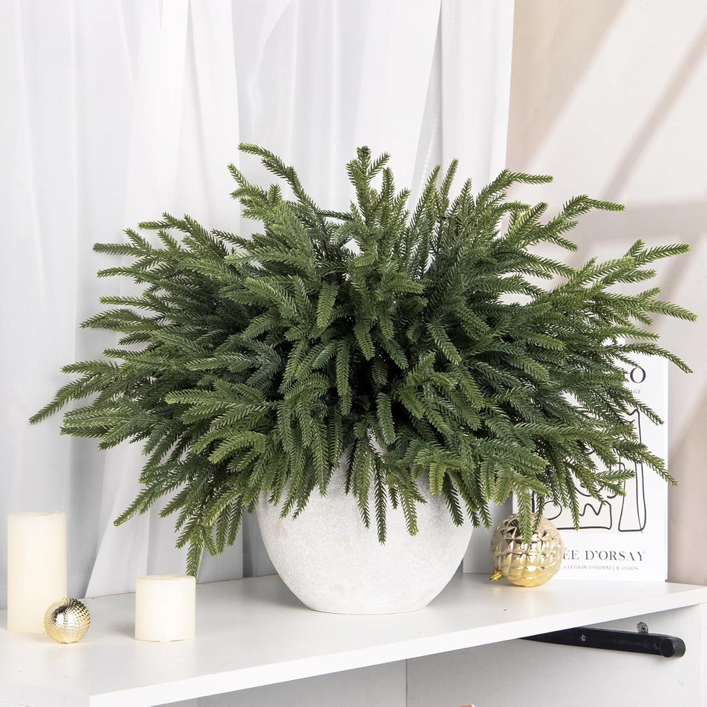Ouddy Decor 16 Pcs Real Touch Christmas Norfolk Pine Stems, 18" Artificial Norfolk Pine Branches Faux Greenery Stems Fake Cedar Plants for Vase DIY Christmas Garland Wreath Indoor Outdoor Home Decor