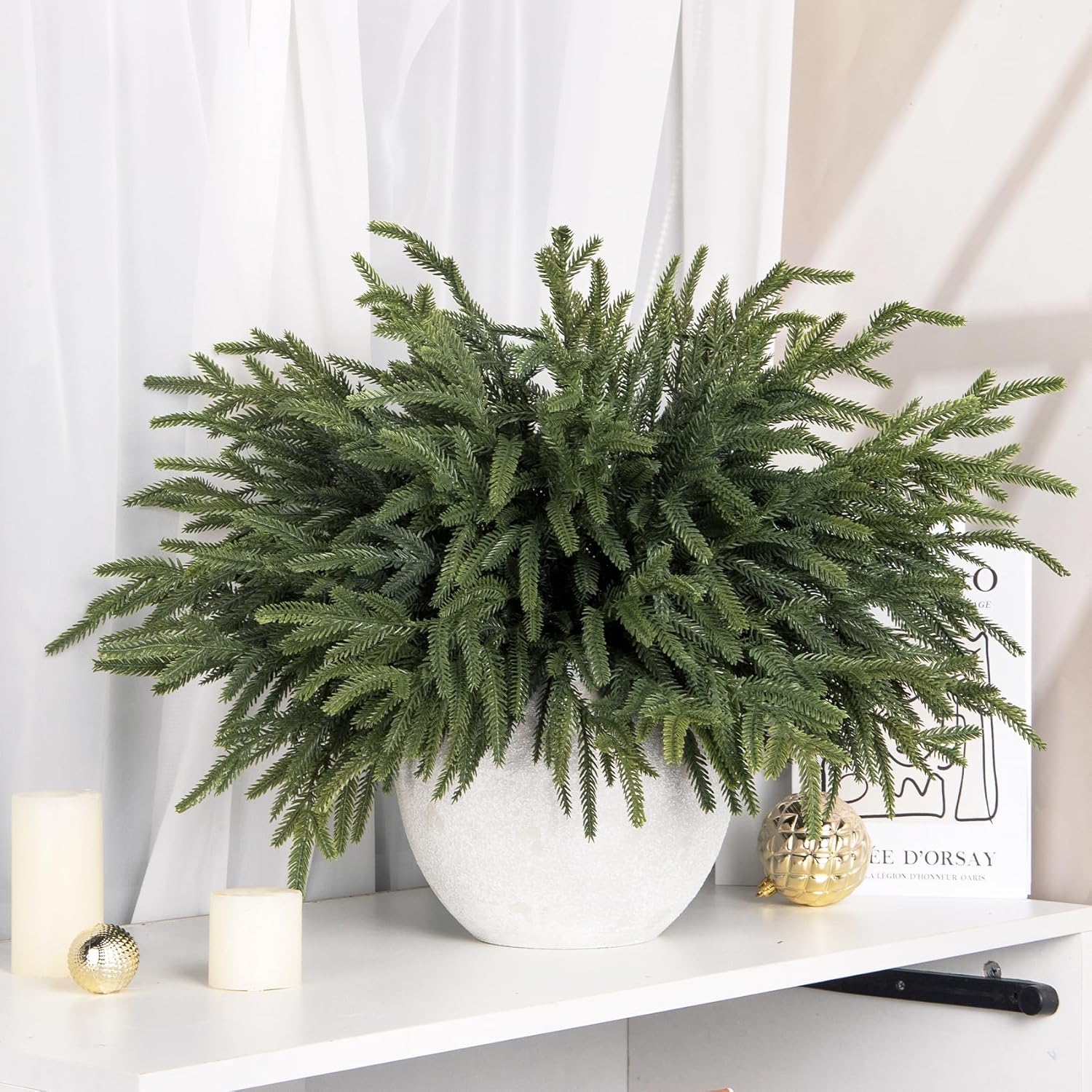 Ouddy Decor 16 Pcs Real Touch Christmas Norfolk Pine Stems, 18" Artificial Norfolk Pine Branches Faux Greenery Stems Fake Cedar Plants for Vase DIY Christmas Garland Wreath Indoor Outdoor Home Decor