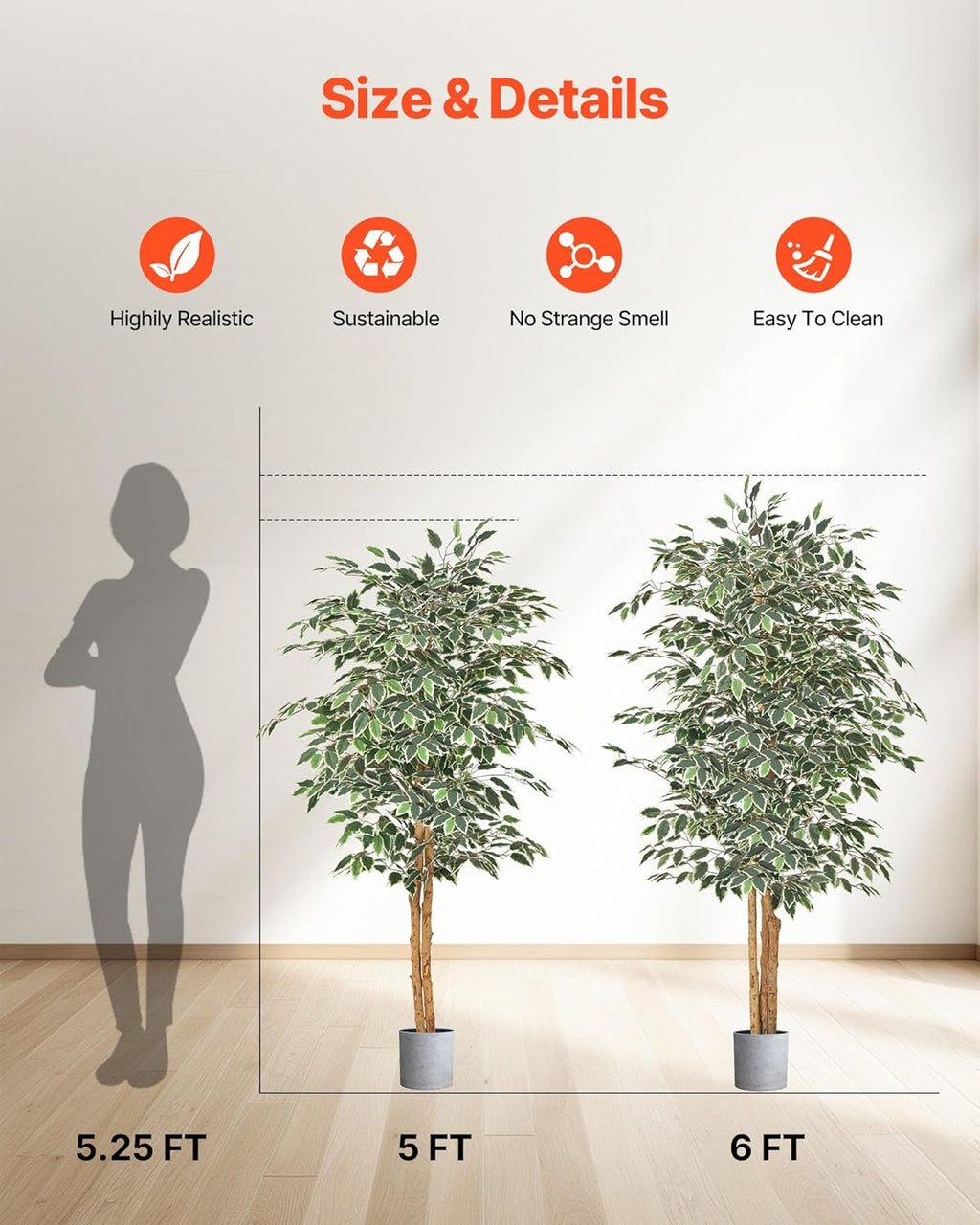 VEVOR 5FT Artificial Ficus Tree with Black Pot, Tall Faux Ficus Plant with Natural Wood Trunk and Realistic Green Leaves, Indoor Fake Silk Tree for Home, Office, Living Room, or Corner Décor