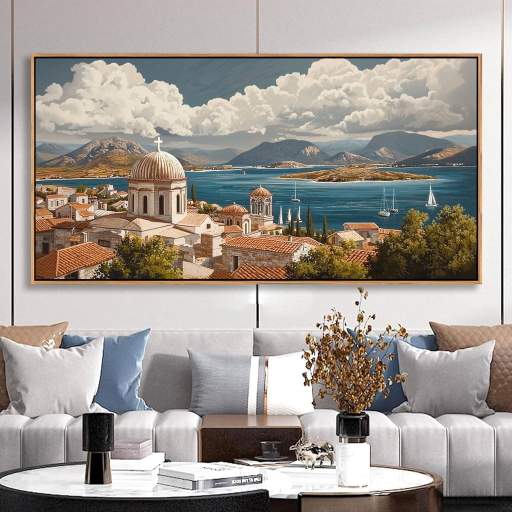 YDYSUNE Large Wall Art Framed Costal Wall Decor Retro Ocean Canvas Decor Sailboat Painting Village Seascape Artwork for Living Room Bedroom Dining Decoration Size 29x58 Inches