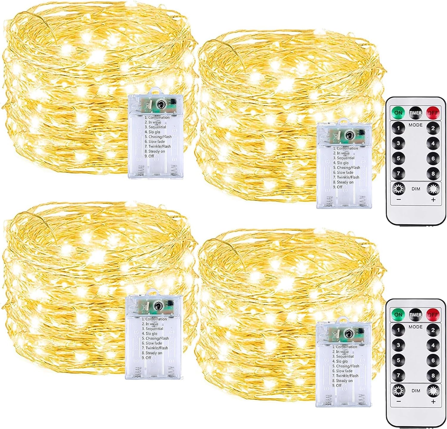 4 Pack 60LED Christmas Battery Operated Fairy Lights with Remote, 8 Modes String Lights with Timer, Dimmable, Memory Function, Waterproof Twinkle Lights for Outdoor Indoor Christmas Decor(Warm White)