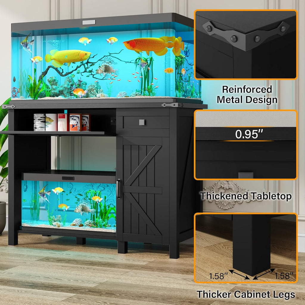 40 Gallon Fish Tank Stand with Power Outlets, Farmhouse Decorative Aquarium Stand Furniture with Adjustable Shelves and Storage Drawer, 30-40 Gallon Reptile Turtle Tank Stand(Black, 30-40GL)