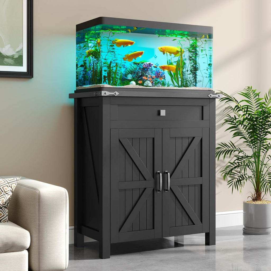 20 Gallon Fish Tank Stand with Power Outlets, Farmhouse Decorative Aquarium Stand Furniture with Adjustable Shelves and Storage Cabinet, 10 Reptile Turtle Tank Stand (Black, 20GL)