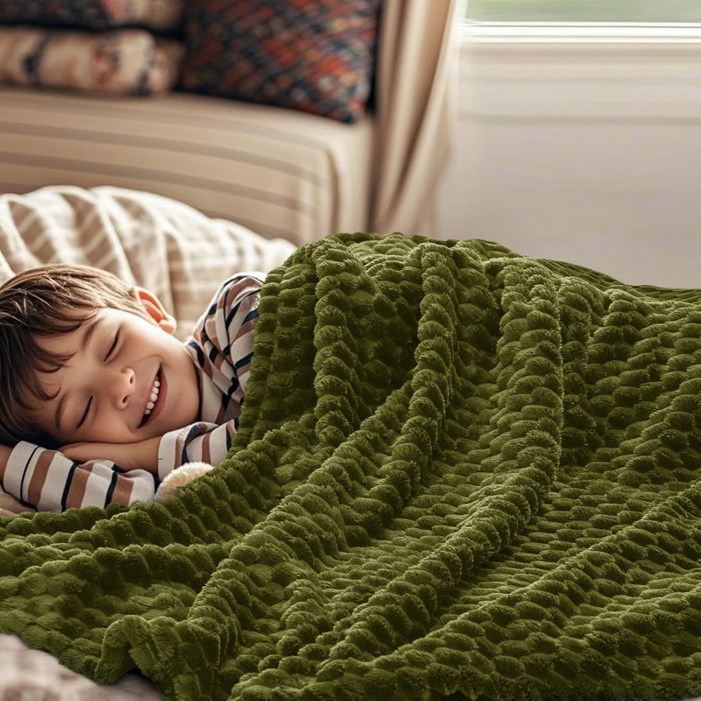 PHF Ultra Soft Flannel Fleece Throw Blanket, Lightweight 3D Jacquard Fleece Blanket, No Shedding, No Pilling, Luxury 340GSM Aesthetic Fluffy Cozy Throws for Couch Room Decor, 50"x60", Olive Green