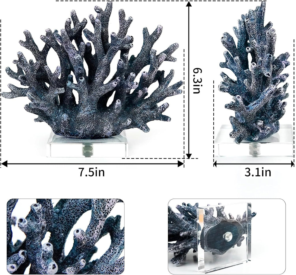 Coral Reef Beach Decor,6.3'' High x 7.5'' Width Artificial Resin Coral Reef Statue for Ocean Coastal Beach Nautical Themed Room Bathroom Decor for Home,RB1001B,Blue