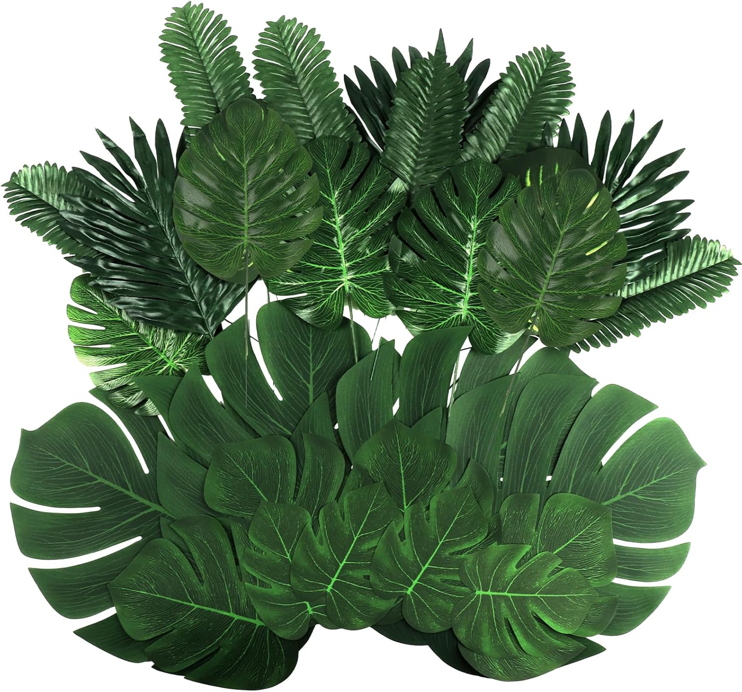 112Pieces 7 Kinds Artificial Palm Leaves Tropical Leaves with Stems Jungle Leaves Decorations for Hawaiian Luau Party Beach Baby Shower Wedding Birthday