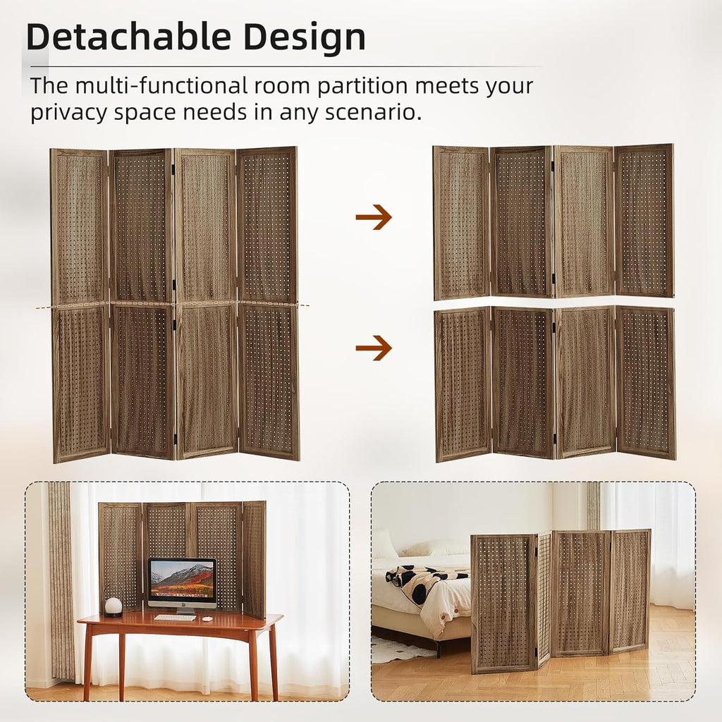 5.6Ft Wood PegBoard Room Divider 4 Panel Detachable Folding Privacy Screen Pegboard Display 33.5" 2in1 Standalone Portable Wall Divider Room Partition for Jewelry, Craft Show, Bedroom-Brown