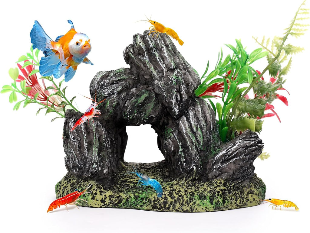 Stone with Plants Aquarium Decoration Resin-Artificial Rock & Greenery Ornament with Large Swim-Through Holes-Approx. 6.9" L x 5.1" W x 5.1" H(Stone&Plants)